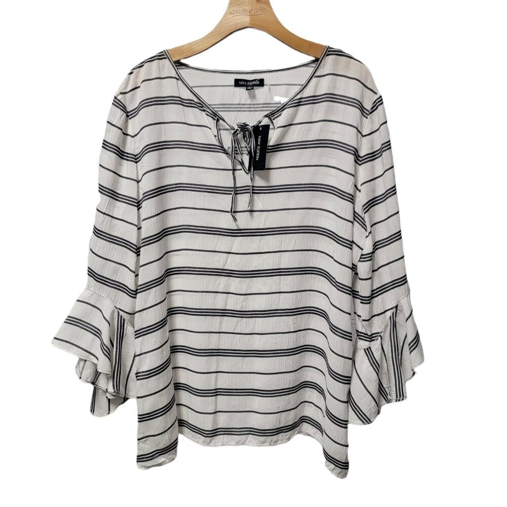 Max Edition Rayon Blouse Long Ruffle Sleeve Top Striped Womens Large‎ NWT NEW